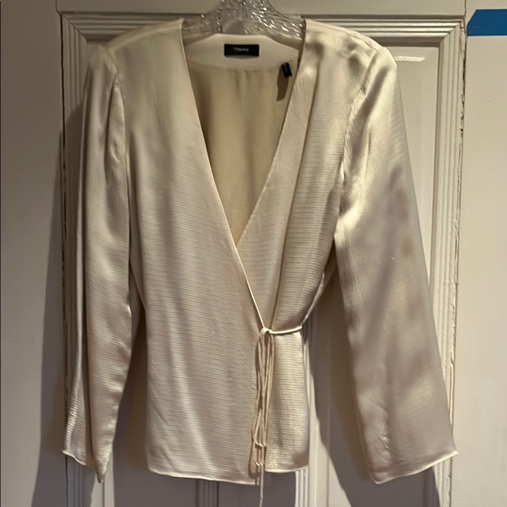 Theory Ivory Wrap Blouse with Self Tie